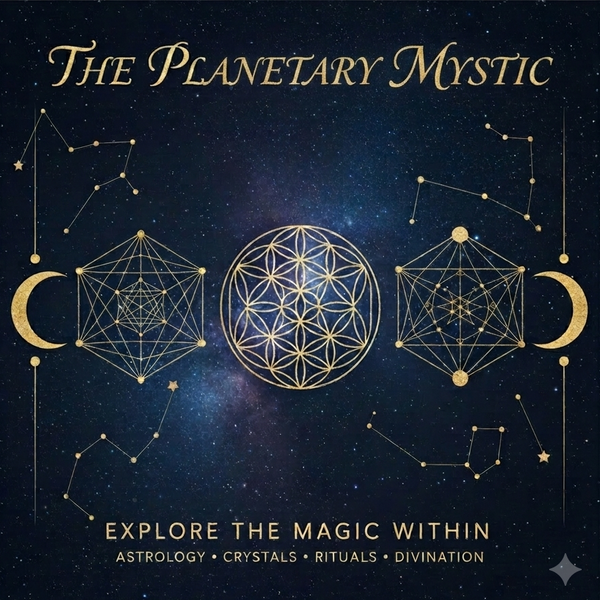 Cover of 'The Planetary Mystic' with astrological symbols and text on a dark blue background.